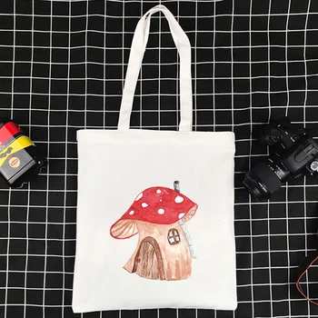 Чанта-тоут, чанти за пазаруване, холщовая чанта през рамо, за многократна употреба дамски чанти с гъбен принтом, ежедневни чанти-тоут за съхранение на продукти за момичета
