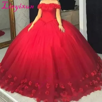 Червено Пищни Бална рокля с 3D-Флорални Апликации, Буйни Рокли Sweet 16 С Открити рамене, Червен Тюл, дантела Отзад, Рокли за Абитуриентски бал 2018