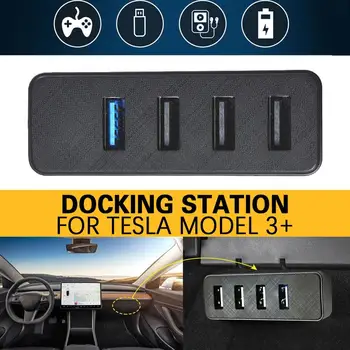 Черна докинг станция за Tesla New Model 3 + Highland, една жабка, USB hub, док-станция за бързо зареждане, Автомобилни Аксесоари