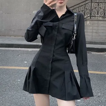 Черно готическа женствена рокля с дълъг ръкав 2023, Летни Секси прилепнали рокли в сгъвката, дамско модно универсален мини рокля с отложным яка
