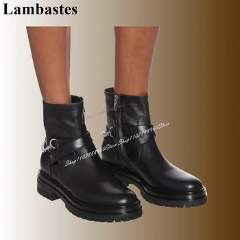Черно матово покритие кожена каишка с метална верига, Ботильоны на равна подметка с цип отстрани, през цялата чорап, 2024 Zapatos Para Mujere