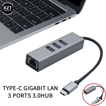 Чипове RTL8252B USB Type C до RJ-45 Жичен Мрежова Карта Super Speed 3 порта USB 3.0 към Ethernet 1000 Mbps Адаптер За Macbook